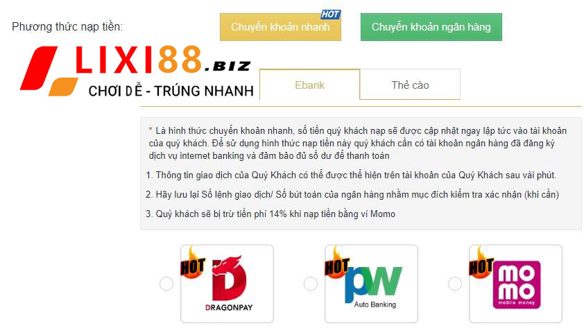 Cách nạp tiền Lixi88.biz nhanh chóng 