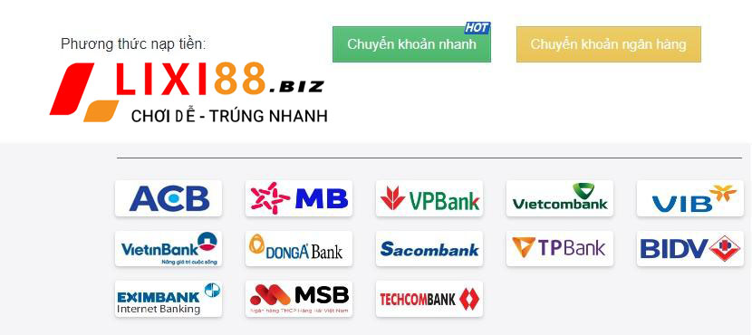 Phương thức nạp tiền Lixi88 qua ngân hàng 