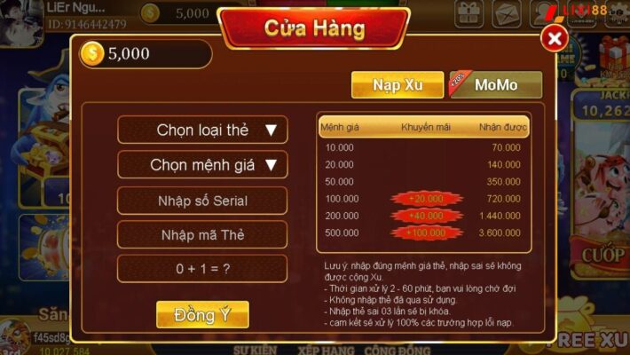 Nạp xu vào tài khoản Xuvang777 bằng mã thẻ